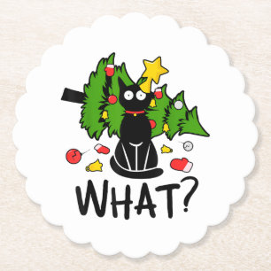 Funny Black Cat Christmas Tree Merry Santa Humor C Paper Coaster