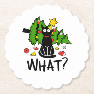 Funny Black Cat Christmas Tree Merry Santa Humor C Paper Coaster