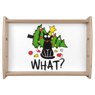Funny Black Cat Christmas Tree Merry Santa Humor C Serving Tray