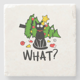 Funny Black Cat Christmas Tree Merry Santa Humor C Stone Coaster