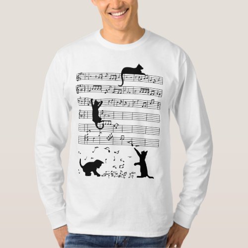Funny Black Cat Climbing Playing Sheet Music Note  T_Shirt