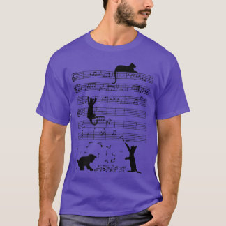 Funny Black Cat Climbing Playing Sheet Music Note  T-Shirt