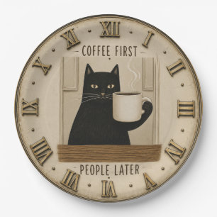 Funny Black Cat Coffee First People Later Cat Love Paper Plates