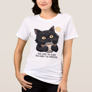Funny Black Cat Coffee T-Shirt – Too Late to Sleep Tri-Blend Shirt