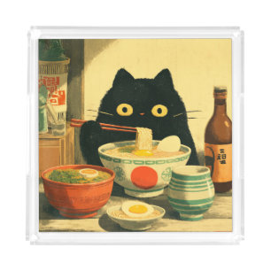 Funny Black Cat Eating Ramen Acrylic Tray