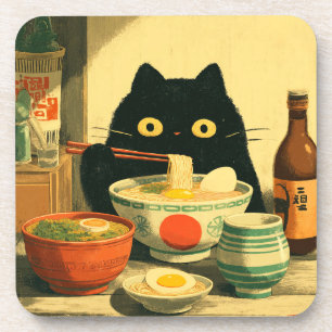 Funny Black Cat Eating Ramen Beverage Coaster