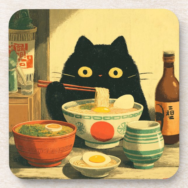 Funny Black Cat Eating Ramen Beverage Coaster (Front)