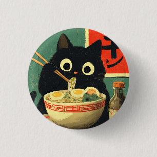 Funny Black Cat Eating Ramen Button