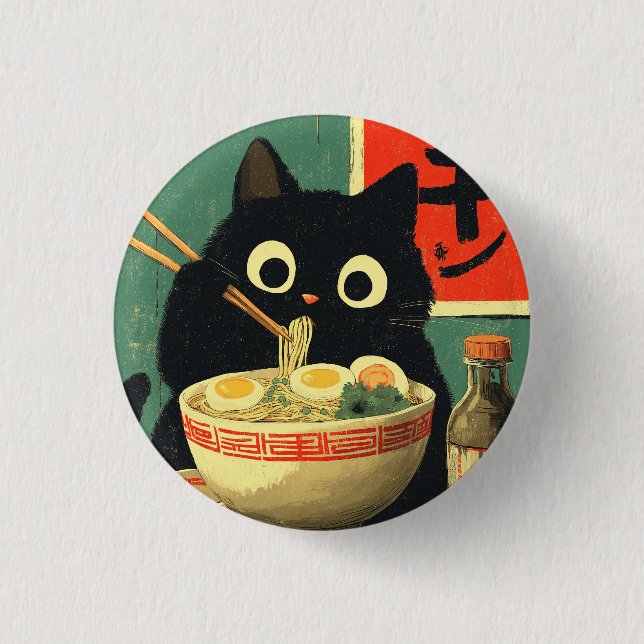 Funny Black Cat Eating Ramen Button (Front)
