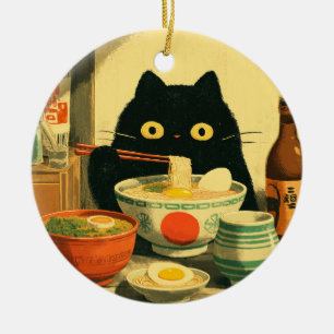 Funny Black Cat Eating Ramen Ceramic Ornament