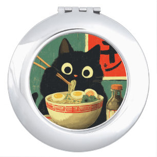 Funny Black Cat Eating Ramen Compact Mirror