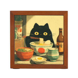 Funny Black Cat Eating Ramen Desk Organizer
