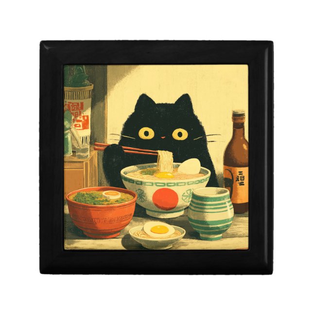 Funny Black Cat Eating Ramen Gift Box (Front)