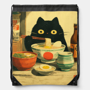 Funny Black Cat Eating Ramen   Japanese Vintage Drawstring Bag