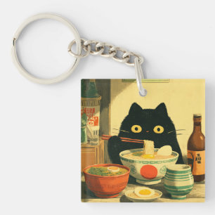Funny Black Cat Eating Ramen Japanese Vintage Keychain
