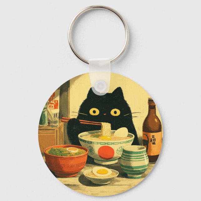 Funny Black Cat Eating Ramen | Japanese Vintage Keychain (Front)