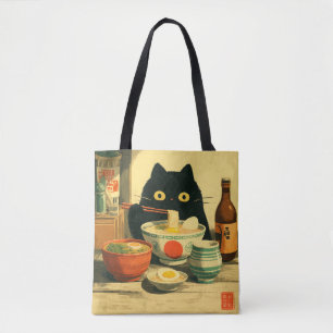 Funny Black Cat Eating Ramen   Japanese Vintage Tote Bag
