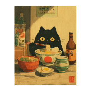 Funny Black Cat Eating Ramen Japanese Vintage Wood Wall Art