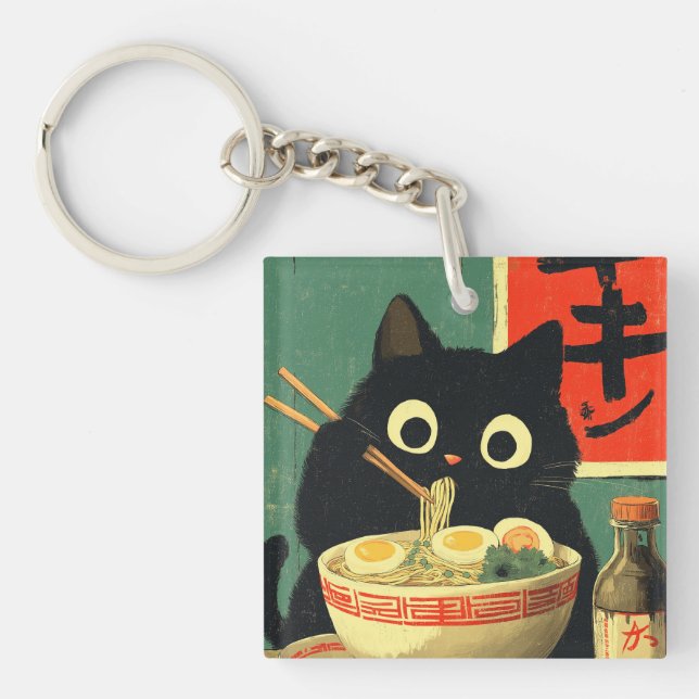 Funny Black Cat Eating Ramen Keychain (Front)