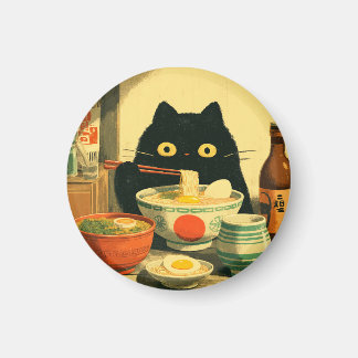 Funny Black Cat Eating Ramen Magnet