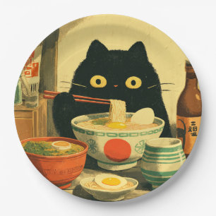Funny Black Cat Eating Ramen Paper Plates