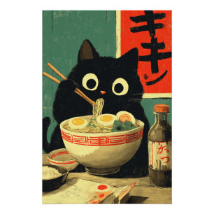 Funny Black Cat Eating Ramen Poster