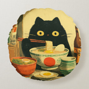 Funny Black Cat Eating Ramen Round Pillow