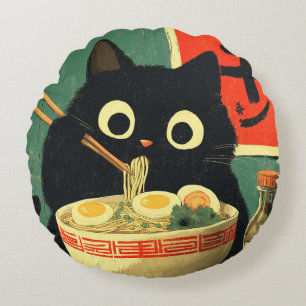 Funny Black Cat Eating Ramen Round Pillow