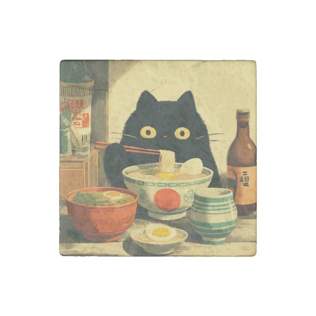 Funny Black Cat Eating Ramen Stone Magnet (Front)