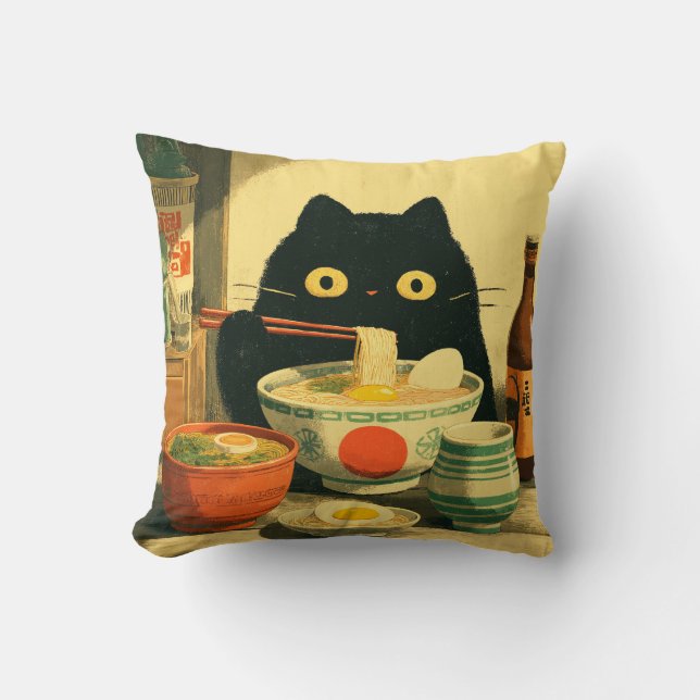 Funny Black Cat Eating Ramen Throw Pillow (Front)