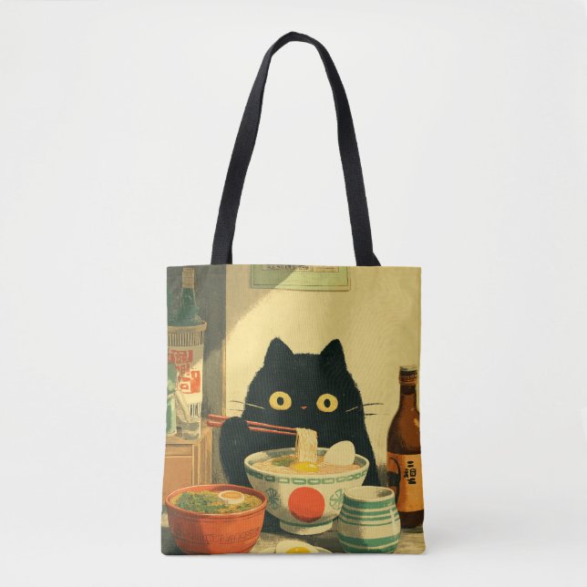 Funny Black Cat Eating Ramen Tote Bag (Front)