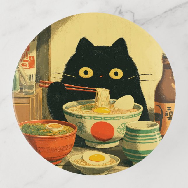 Funny Black Cat Eating Ramen Trinket Tray (Front)
