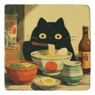 Funny Black Cat Eating Ramen Trivet