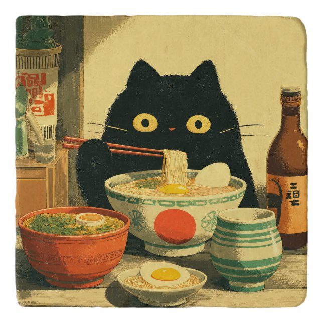 Funny Black Cat Eating Ramen Trivet (Front)