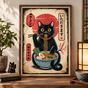 Funny Black Cat Eating Ramen Vintage Japanese Art Poster