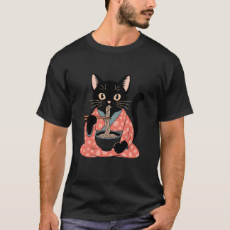 Funny Black Cat Eating Ramen Vintage Japanese Wome T-Shirt