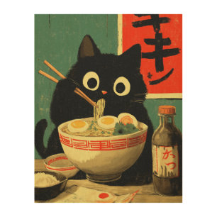 Funny Black Cat Eating Ramen Wood Wall Art