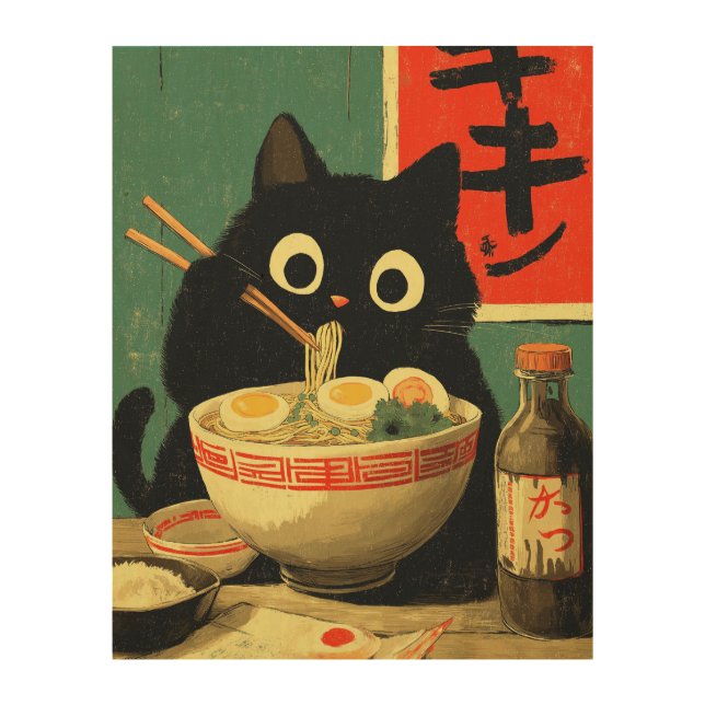 Funny Black Cat Eating Ramen Wood Wall Art (Front)