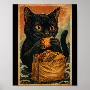 Funny Black Cat Eating Tacos Retro Japanese  Poster