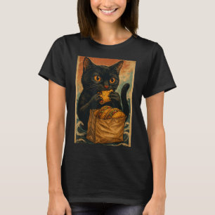 Funny Black Cat Eating Tacos Retro Japanese  T-Shirt