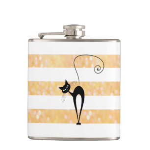 Funny  black cat elegant glittery stripes  girly hip flask