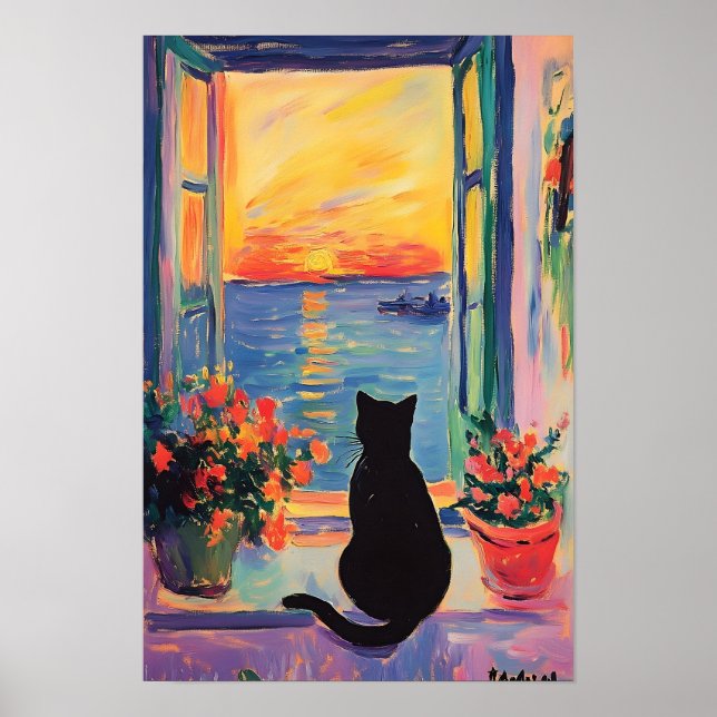 Funny Black cat enjoying the sunset  Poster (Front)