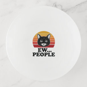 Funny Black Cat Ew People Retro Sunset T-Shirt Des Trinket Tray