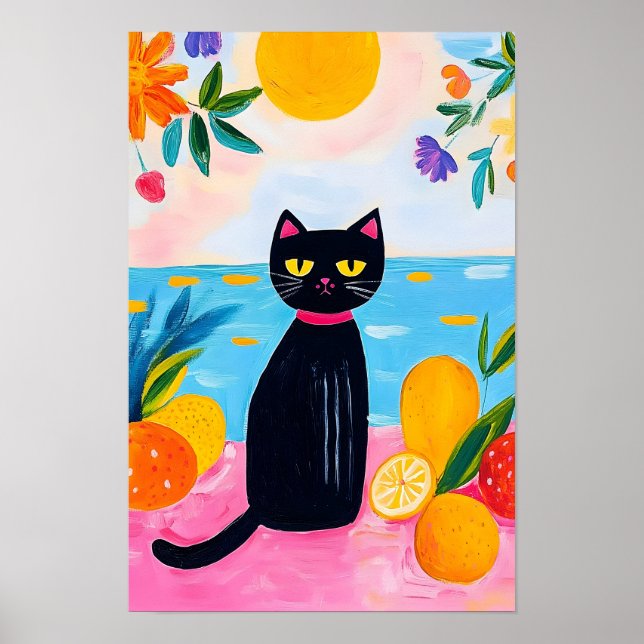 Funny Black Cat Fresh Fruit and Sea Poster (Front)