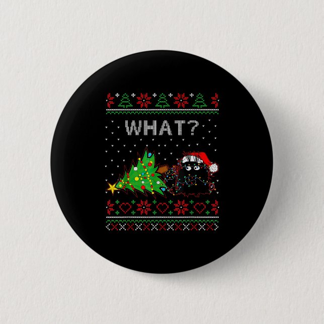 Funny Black Cat Gift Pushing Christmas Tree Over C Button (Front)