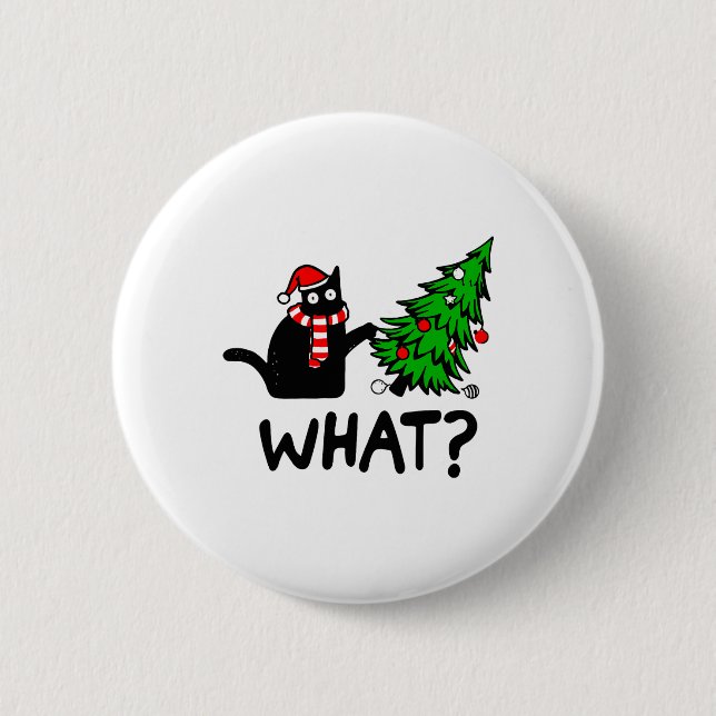 Funny Black Cat Gift Pushing Christmas Tree Over C Button (Front)