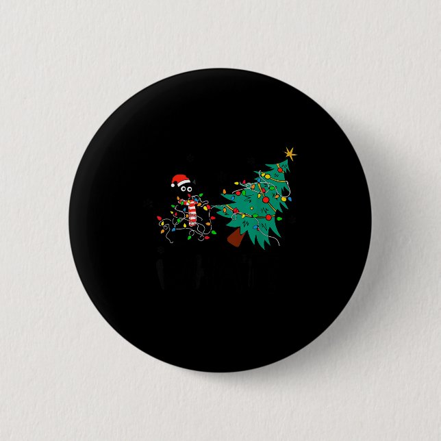 Funny Black Cat Gift Pushing Christmas Tree Over C Button (Front)