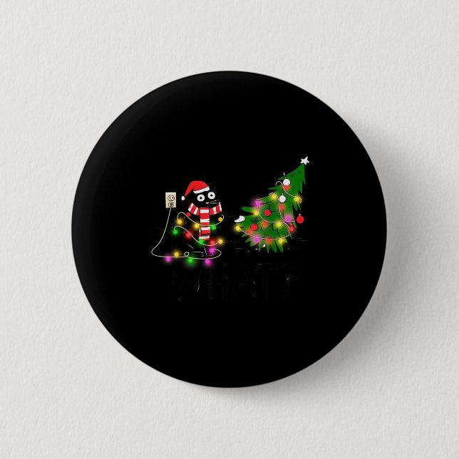 Funny Black Cat Gift Pushing Christmas Tree Over C Button (Front)