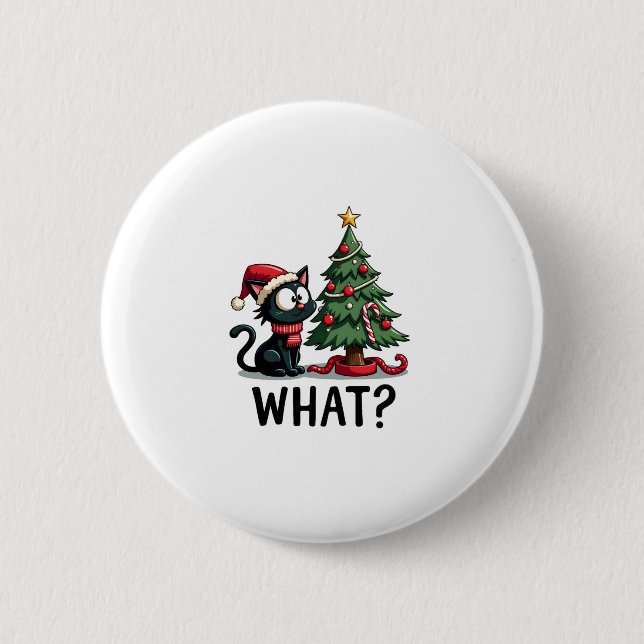 Funny Black Cat Gift Pushing Christmas Tree Over C Button (Front)