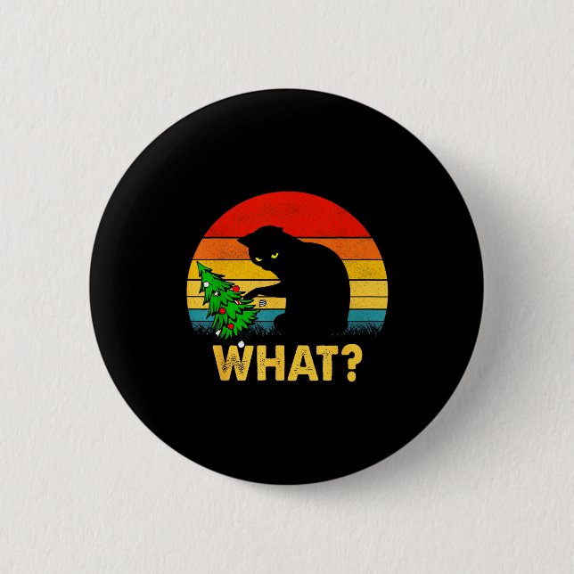 Funny Black Cat Gift Pushing Christmas Tree Over C Button (Front)